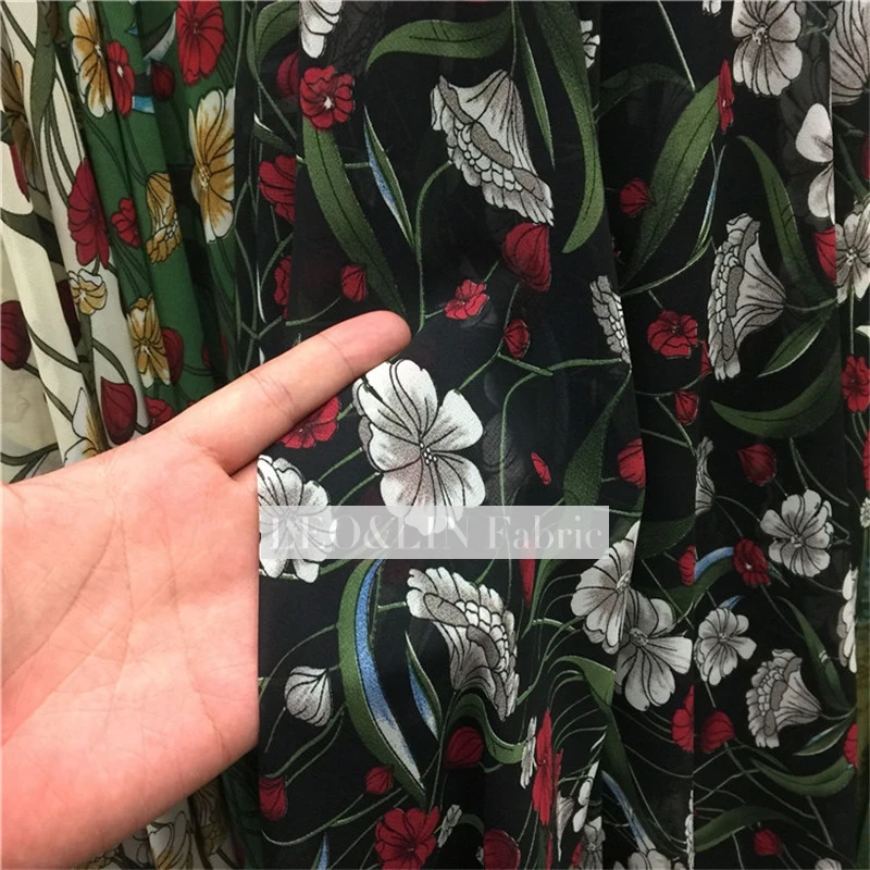 

Branches Small Floral Printing Chiffon Shirt Fabric Clothing Fabric Dress Materials Polyester Black Beige Green Sewing 50cm