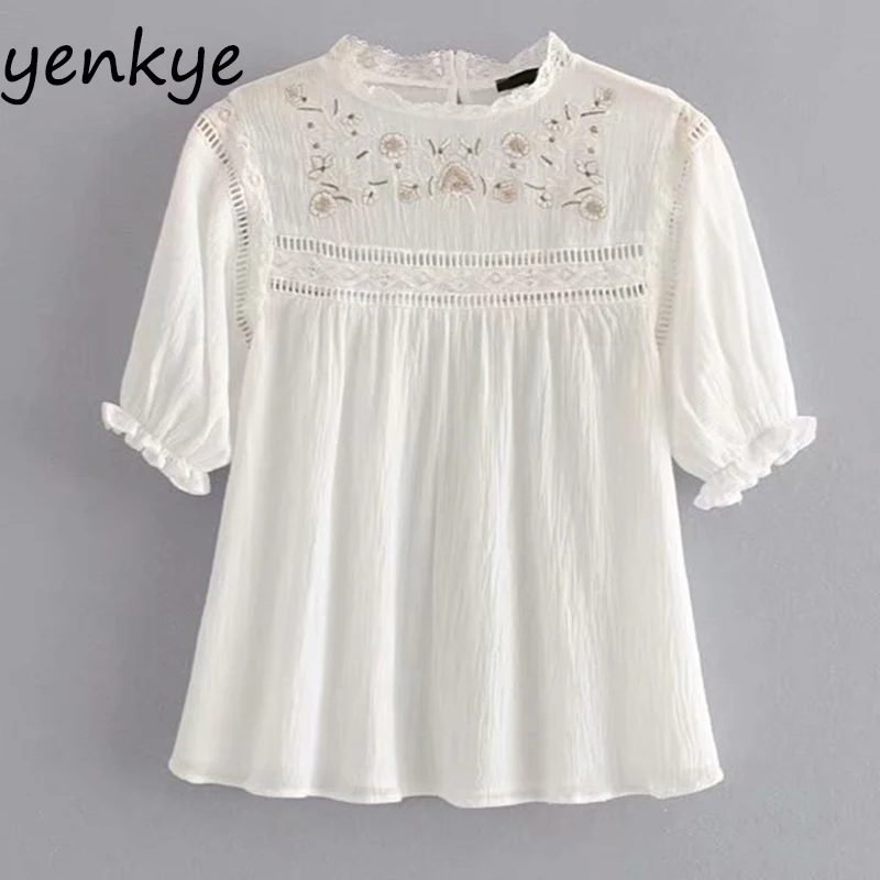 Мода 2019 женская сексуальная открытая блузка с цветочной вышивкой женский