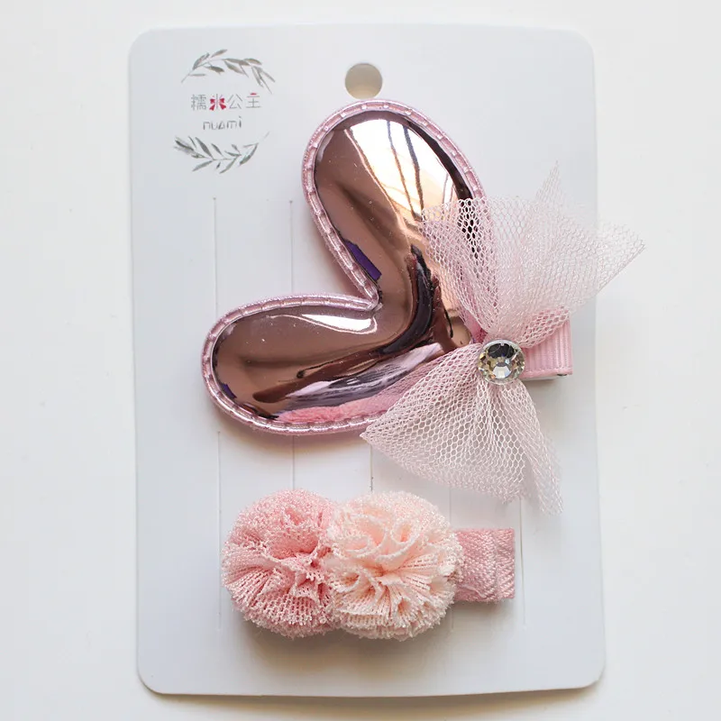 8sets/lot Lovely Hair Shinning Heart Clip Cute Kid Gauze Roll Double Pom Hairpin PU Leather 16pcs for Head |