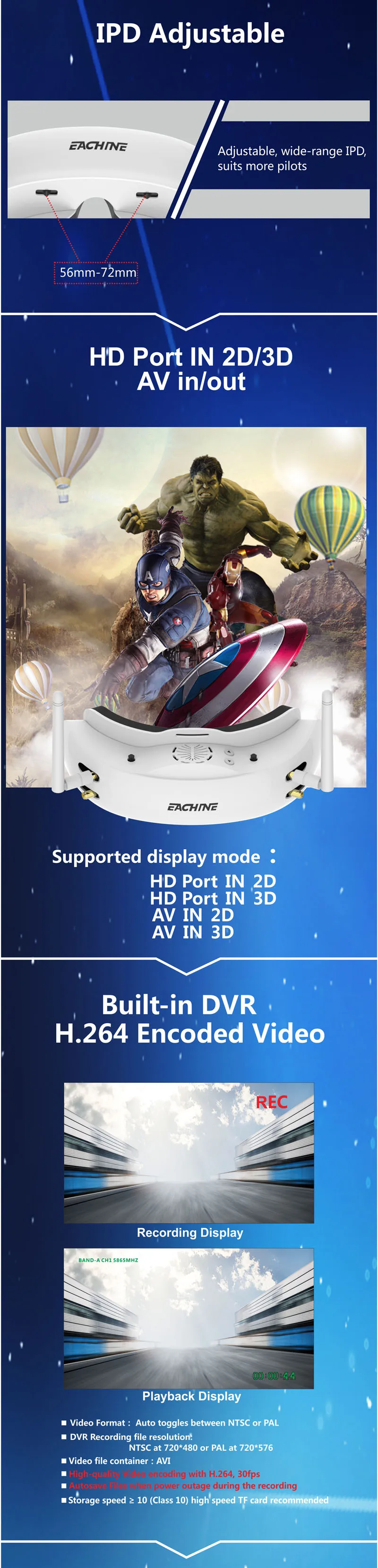 EV200D 1280*720 5,8G 72CH истинное разнообразие FPV очки HD порт в 2D/3D встроенный DVR для радиоуправляемого дрона VS EV100D черный белый