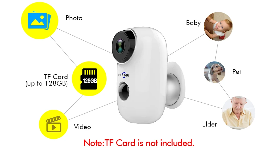 Hiseeu Беспроводная перезаряжаемая батарея CCTV Wifi ip-камера для улицы IP65 Всепогодная домашняя камера безопасности PIR Сигнализация Движения