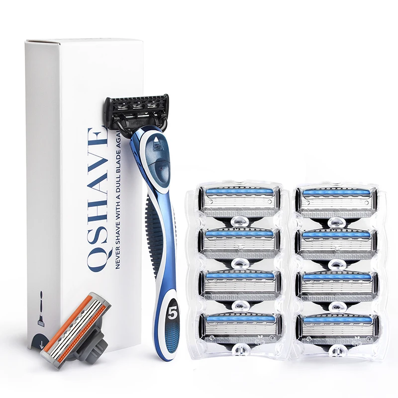 

QShave Blue Men Shaving Razor Can Design Your Name on Handle, 1 Handle & 10 Cartridges(1pc X3 Blade, 9pcs X5 Blade)