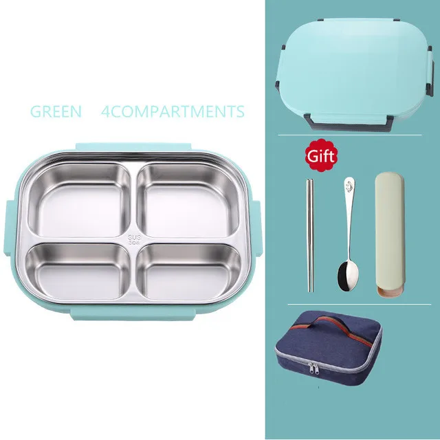 green B bag Ланч-бокс из нержавеющей стали Экологичный Bento box с мешками и столовыми приборами термоконтейнер для хранения пищи для взрослых студентов - Цвет: green B bag