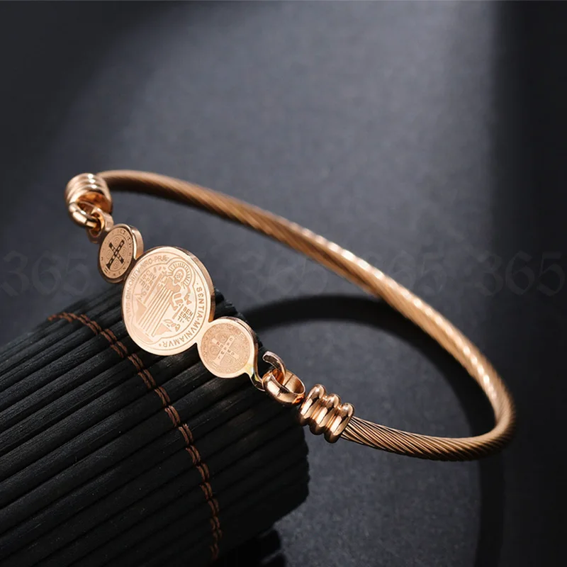 rose gold color Религиозный католический Сан Бенито четки браслет для женщин из нержавеющей стали Открытый манжета браслет христианские ювелирные изделия подарок - Окраска металла: rose gold color