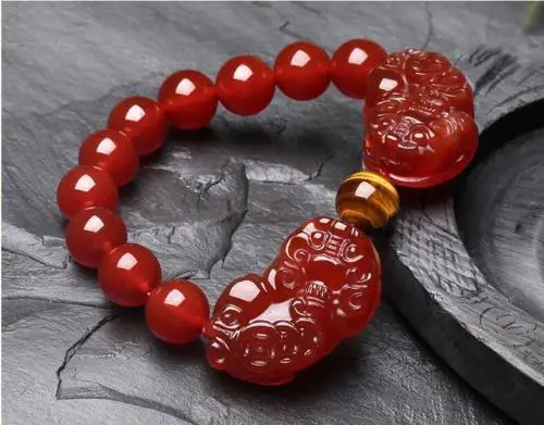 Модный вязаный вручную натуральный красный агат PiXiu монета бусины эластичный