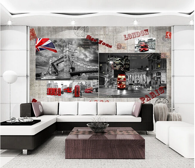 Настенные ретро обои на заказ виниловые с красным лондонским автобусом для