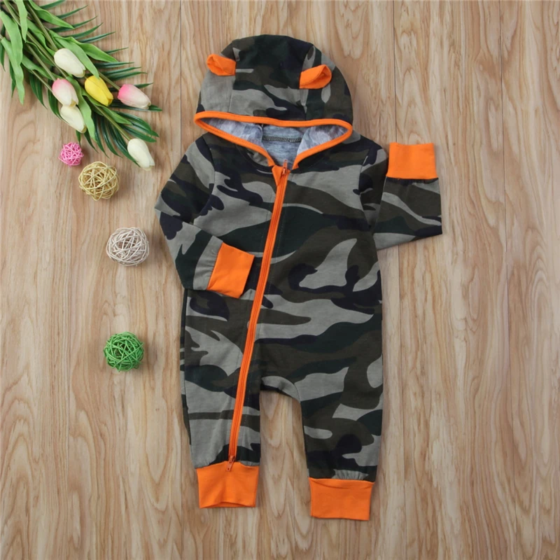 Emmababy для маленьких мальчиков длинные рукава ползунки камуфляж с капюшоном