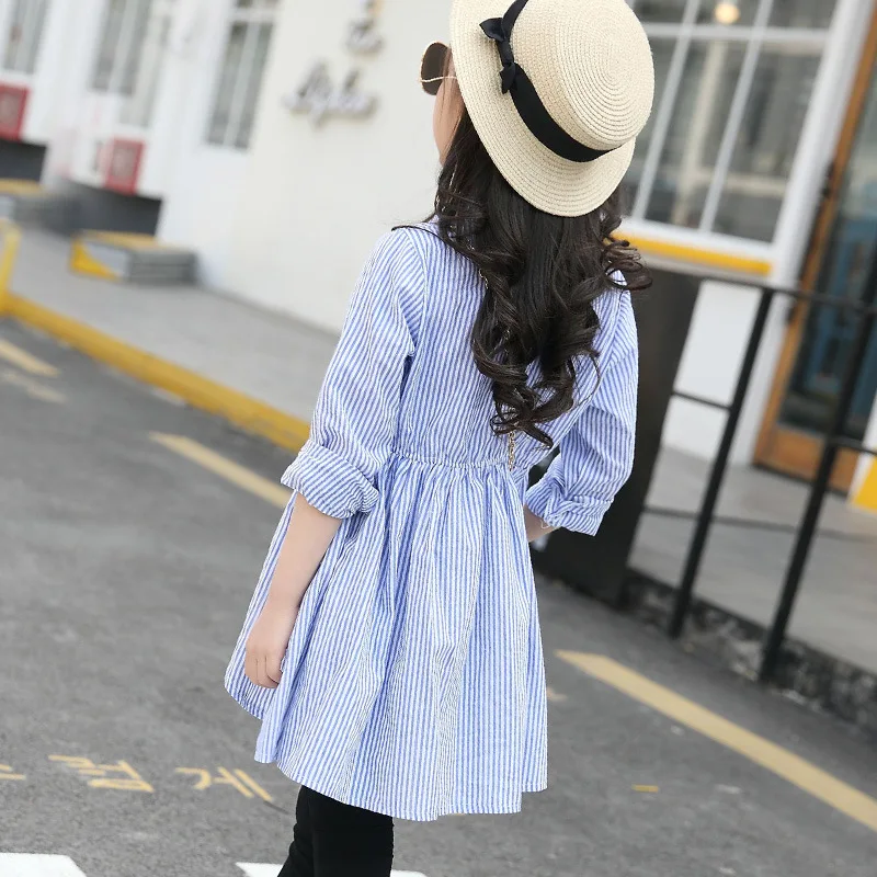 Kids Girls Shirts Fall 2018 Children Cotton Striped Shirt Dress Blue Blouses 5 7 9 10 12 Years Clothes | Мать и ребенок
