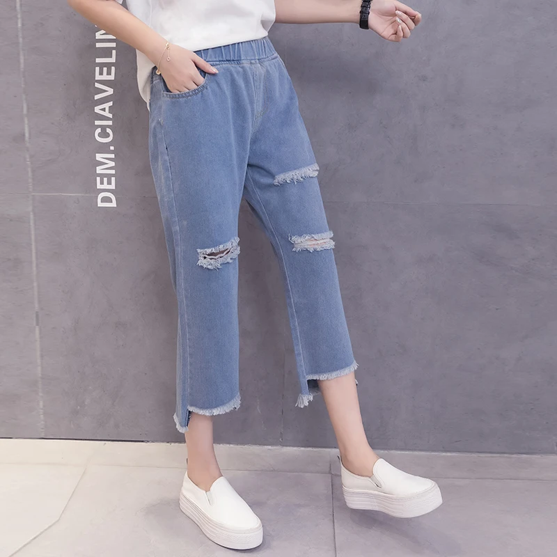 2019 весна лето размера плюс женские брюки корейская мода рваные укороченные