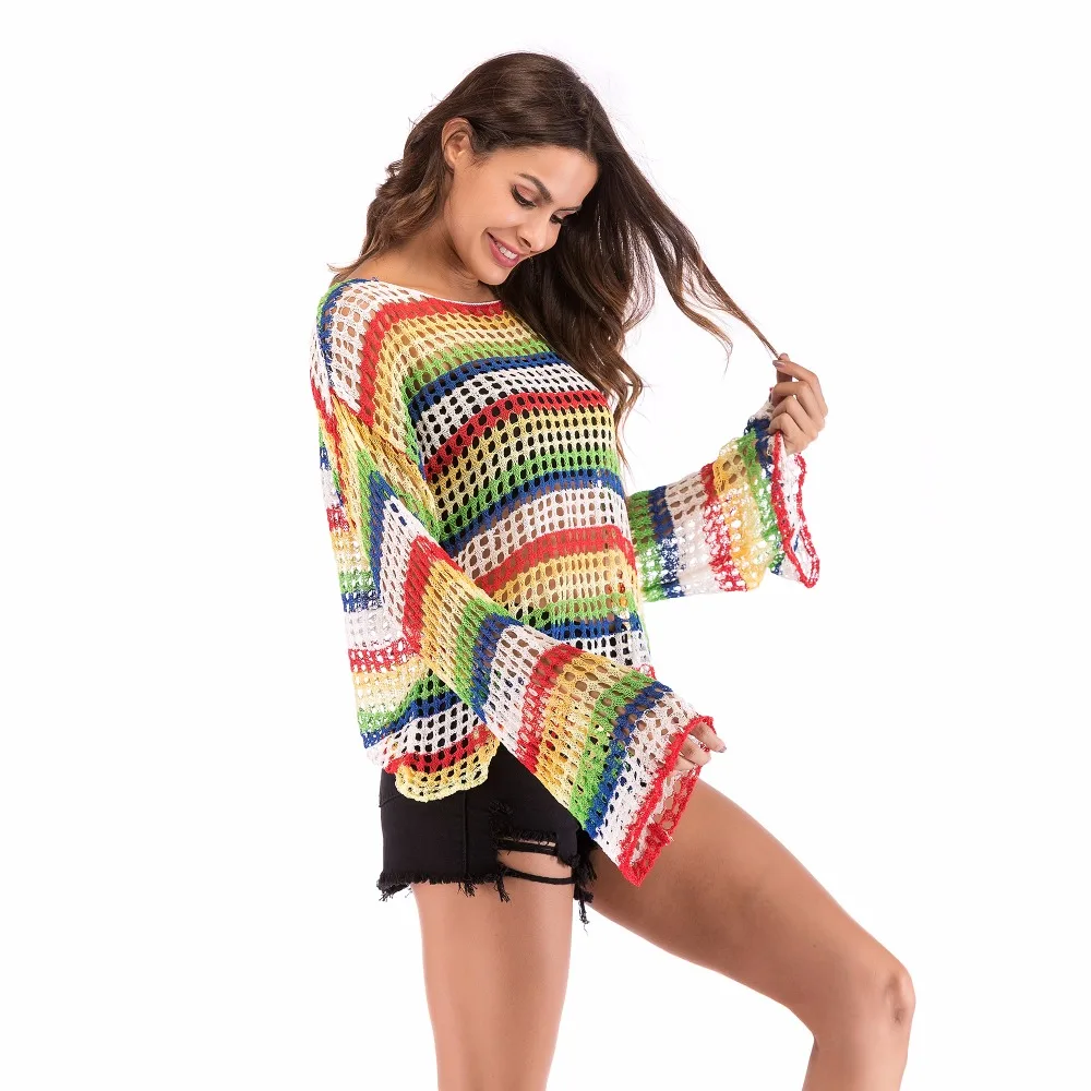 PGSD Loose Flare Sleeve color Crocheted hollow blouse thin knitted sweater O-Neck Pullover Fashion Striped women clothes female | Женская