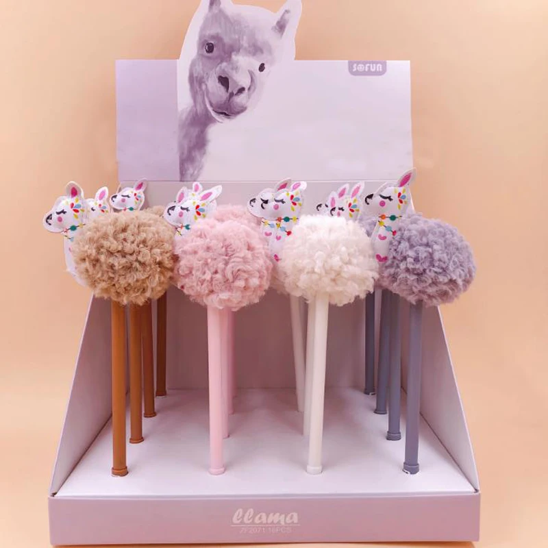 2 шт./компл. Kawaii 0,5 мм животных лама-альпака с меховыми помпонами для Плюшевые гель черные чернила для ручек цифровым пером подарок в Корейском стиле поставка канцтоваров