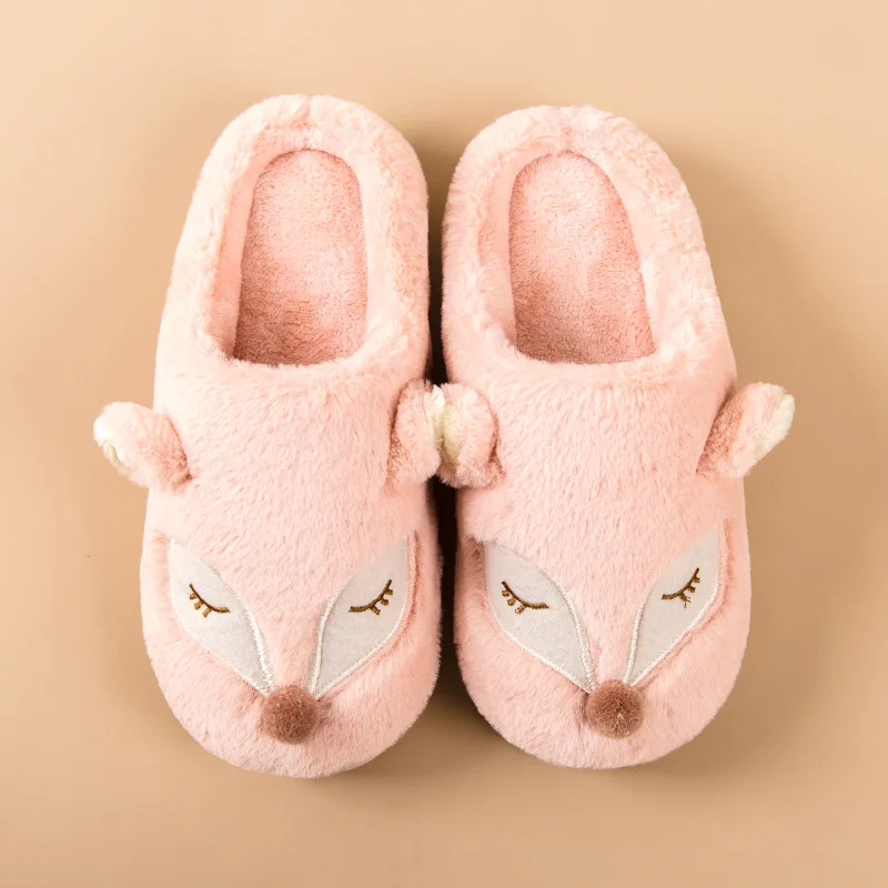 Pink Женские домашние тапочки; теплые плюшевые домашние тапочки с рисунком лисы; зимняя обувь; нескользящие тапочки для мужчин и женщин - Цвет: Pink