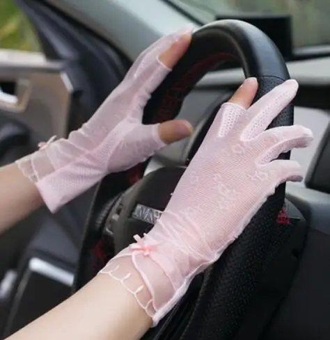 A pink Женские кружевные солнцезащитные перчатки на весну и лето, женские противоскользящие перчатки для вождения, сексуальные кружевные перчатки для девушек R002 - Цвет: A pink