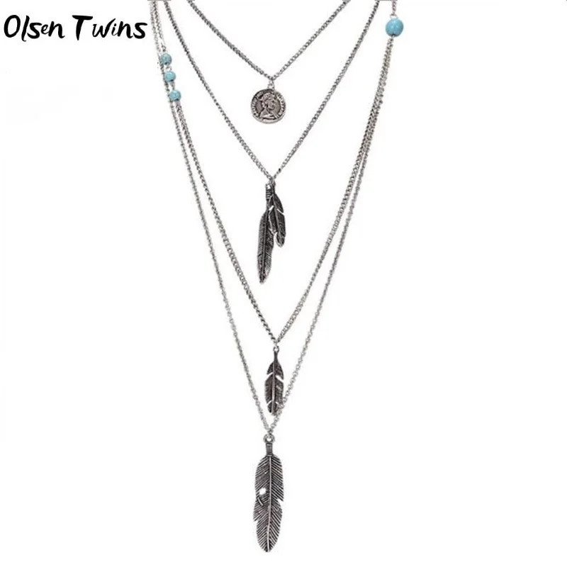Olsen Twins Boho винтажная Длинная цепочка многослойное металлическое ожерелье с