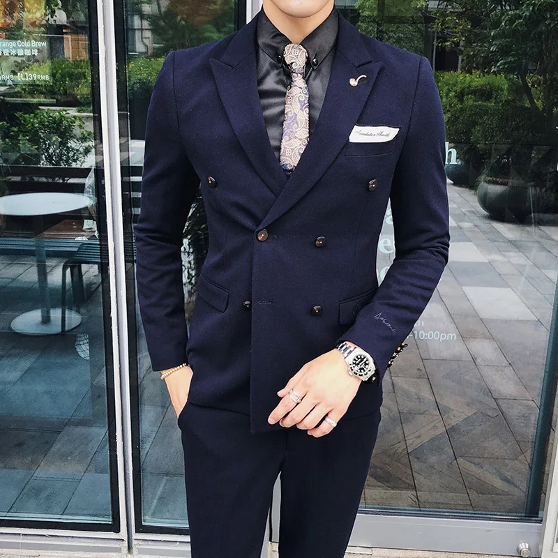 

(Jacket+Pant+vest) Autumn and Winter Pure Double-breasted Suit Men's Korean Leisure Business Wedding Dress