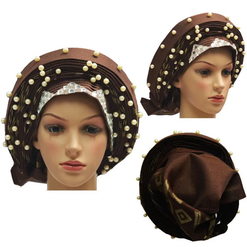chocolate Африканский Авто геле головной убор для свадьбы 019 ASO OKE геле головной убор вышивка с бисером - Цвет: chocolate
