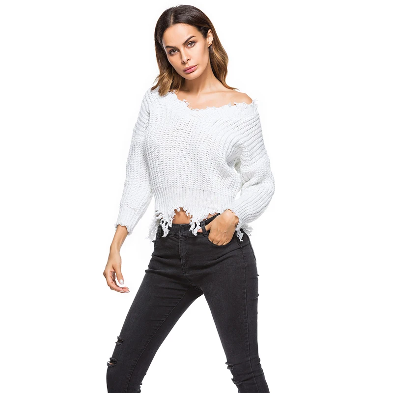 FANTASYONE Tassel Oversize Sweater Women V-neck Pullover Feminino Pull Femme 2017 Jumpers Short White Knitwear Sueter Mujer Fall | Женская