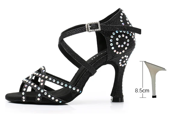black heel 85mm DILEECHI/Женская обувь для латинских танцев; стразы; блестящая обувь для сальсы; Бальные сандалии; обувь для танцев; обувь для вечеринок; Каблук-клеш 9 см; цвет золотистый, серебристый - Цвет: black heel 85mm
