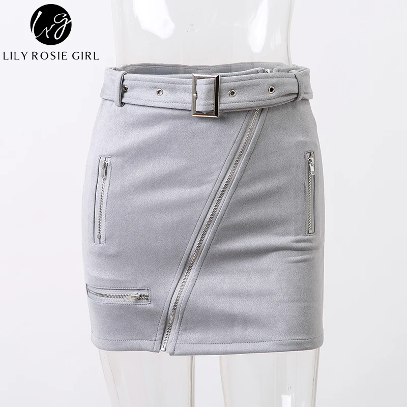 Lily Rosie девушка Серый сексуальная летняя замша Женская модная юбка молния пояса