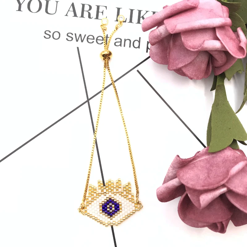 Fairywoo Evil Eye Bracelets New Fashion Lucky Woman Gothic Charm Handmade Miyuki Bracelet Adjustable Gold Chain Gift | Украшения и