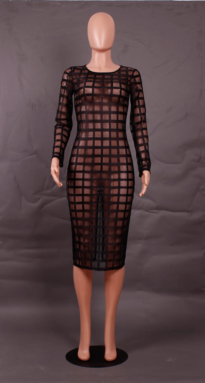 Женский Клуб Прозрачный dress Long пышными рукавами Плед с кружева О шея партия