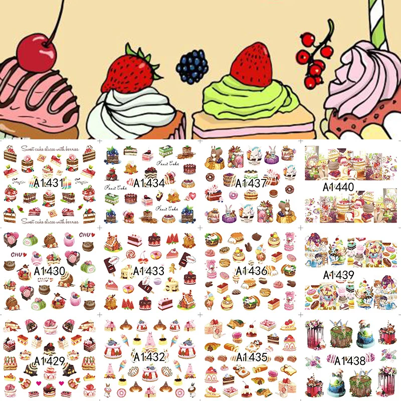 1pcs 12 Sheets/Lot Large Nail Art Water Transfer Ice Cream Cake Decal Stickers Tips Nails A1429-1440 | Красота и здоровье