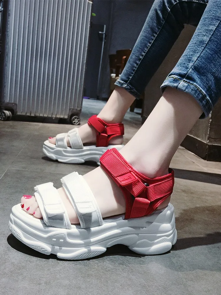 Классические белый красный крюк петля женские босоножки летние на толстой