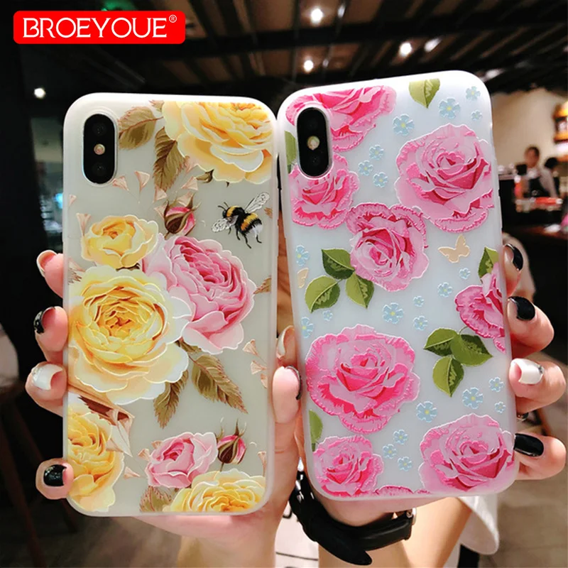 BROEYOUE Цветочные чехол для iPhone 6 S Plus 7 8 X 3D мягкий рельеф ТПУ Цветок Окрашенные 5 5S SE