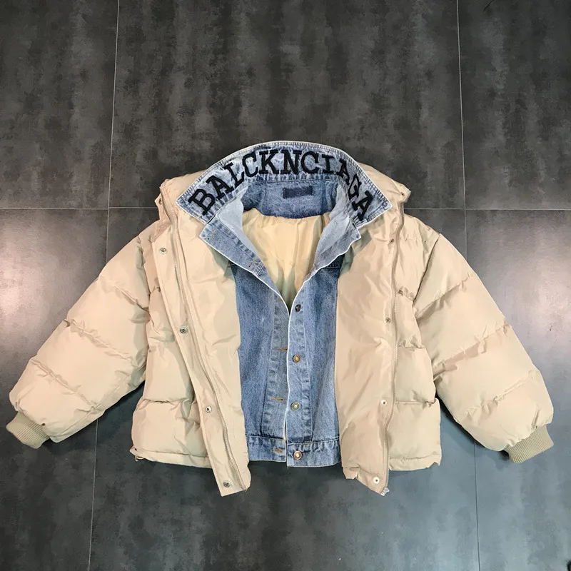 beige Женская зимняя новая Толстая теплая парка из двух частей, женская модная джинсовая Лоскутная куртка с вышивкой, повседневная куртка большого размера Z435 - Цвет: beige