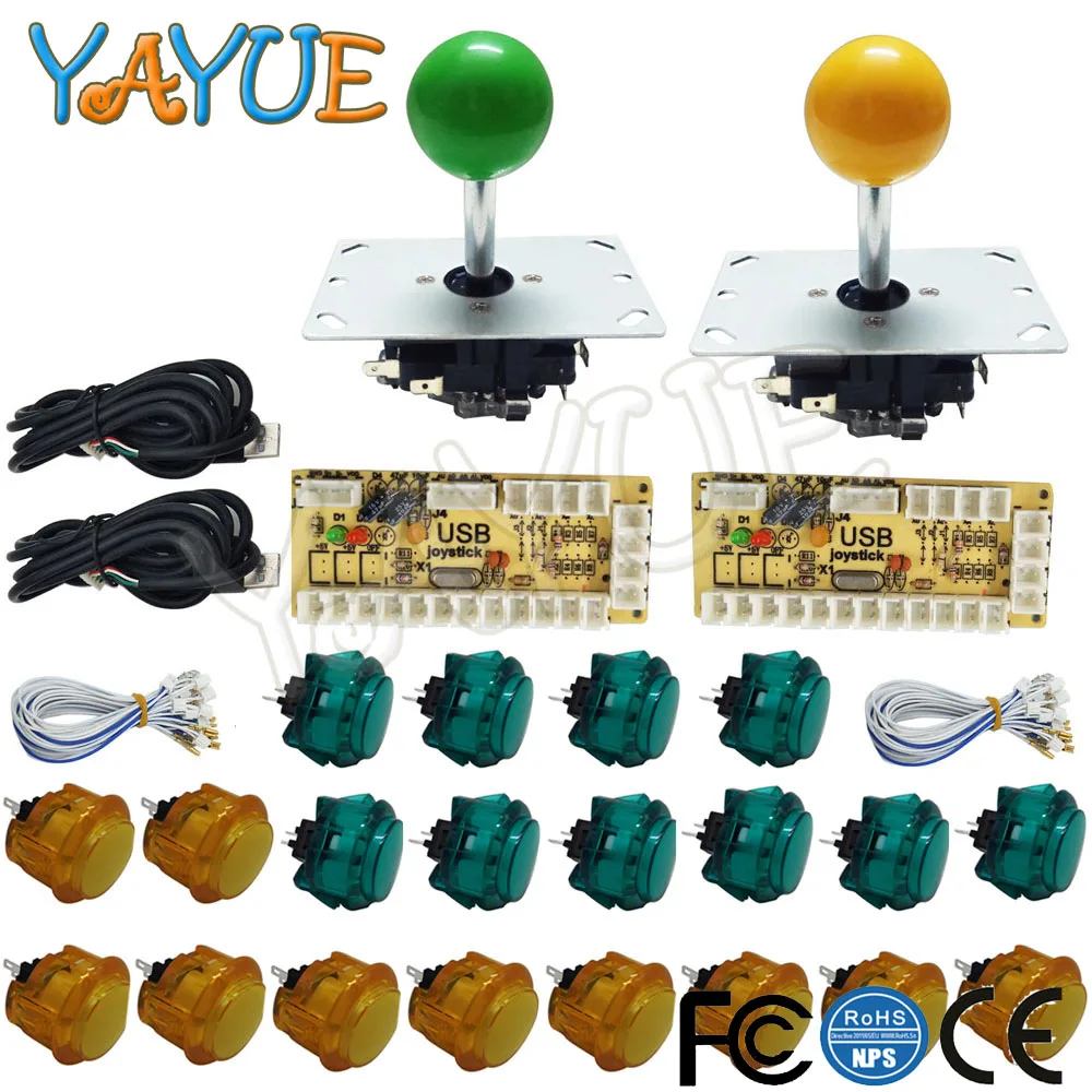 Green and yellow Нулевая задержка джойстика Аркада DIY светодиодный USB энкодер+ 2 боевой джойстик+ 20 кнопочных кнопок+ 28 кабелей для 2 игрока аркадной игры DIY - Цвет: Green and yellow