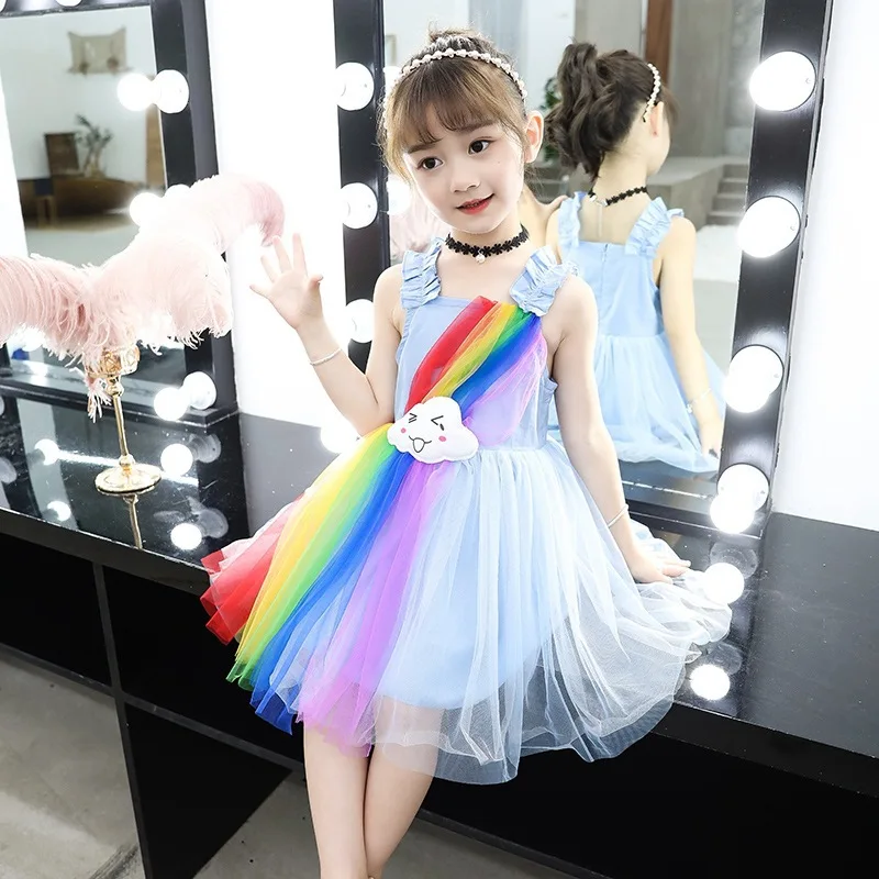 

Children's wear girls dress summer new party dress 2019 big boy cute rainbow net vest princess dress dress3-13y