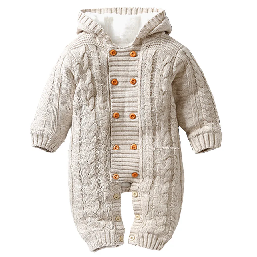 Beige IYEAL, толстые теплые детские комбинезоны, зимняя одежда для новорожденных мальчиков и девочек, вязаный свитер, комбинезон с капюшоном, верхняя одежда для малышей - Цвет: Beige