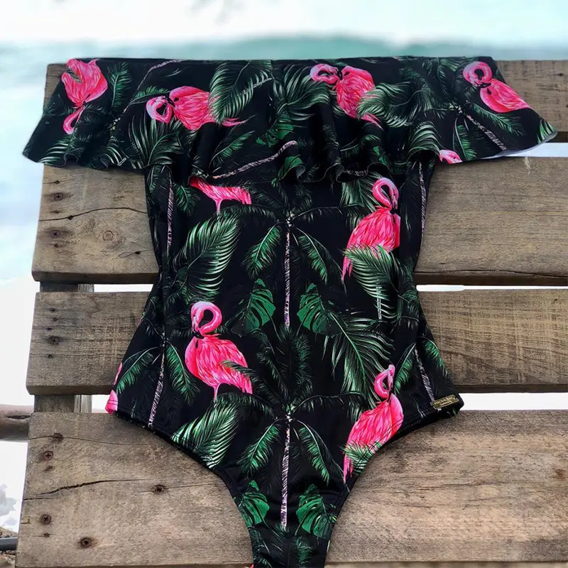 Flamingo Сексуальный сдельный купальник, Классический женский купальник с открытыми плечами, монокини с оборками, Ретро Черный боди, винтажный купальник для девушек - Цвет: Flamingo