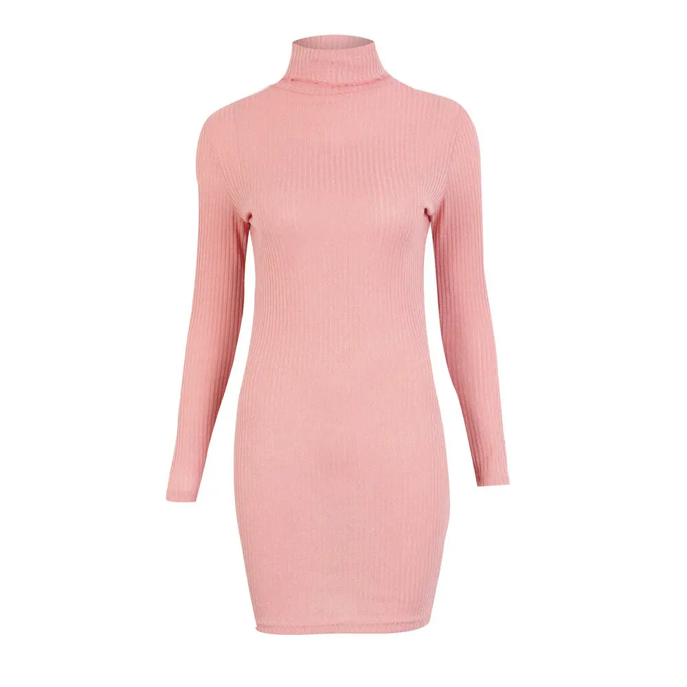 3 вида цветов женские зимние вязаные облегающие платья с высоким воротом длинным