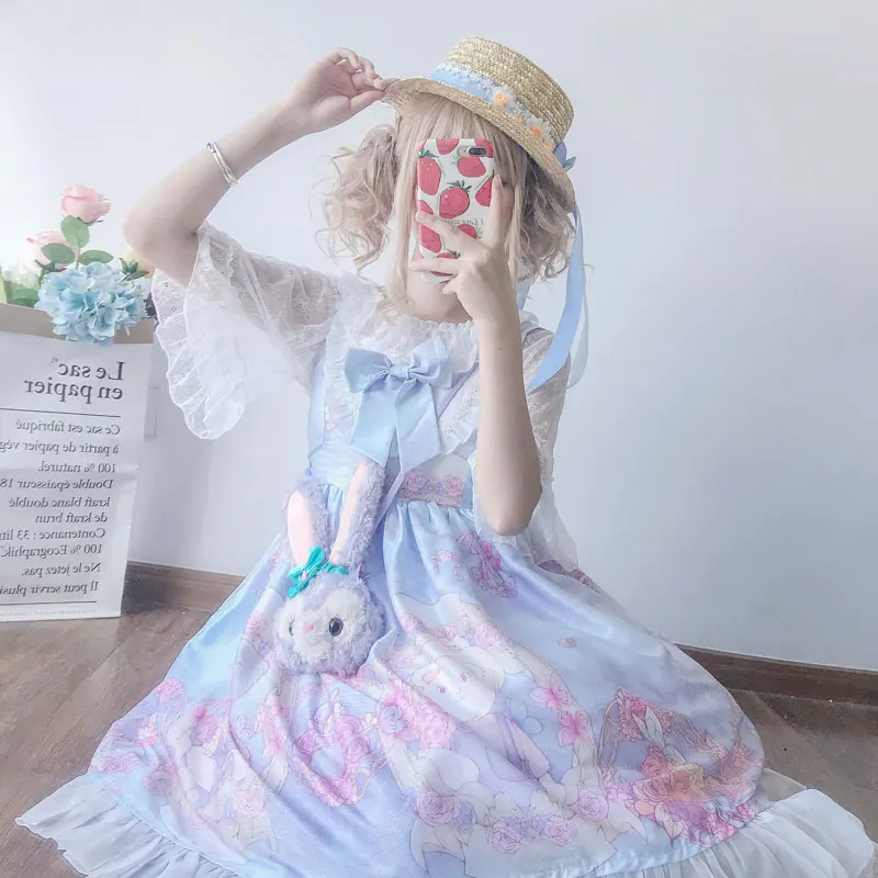 

Kawaii Japanese JSK Lolita dress women soft sister cute bear and rose loita Sleeveless dress suspender skirt jsk loli skirt cute