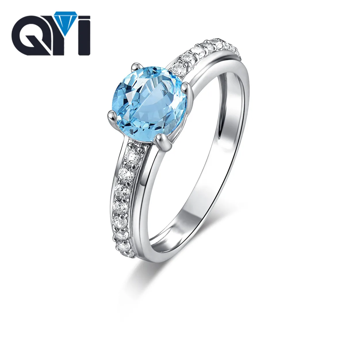

QYI Natural Sky Blue Topaz Ring S925 Silver Rings For Women Classic Natural Round Blue Gemstones Wedding Fine Jewelry Gift