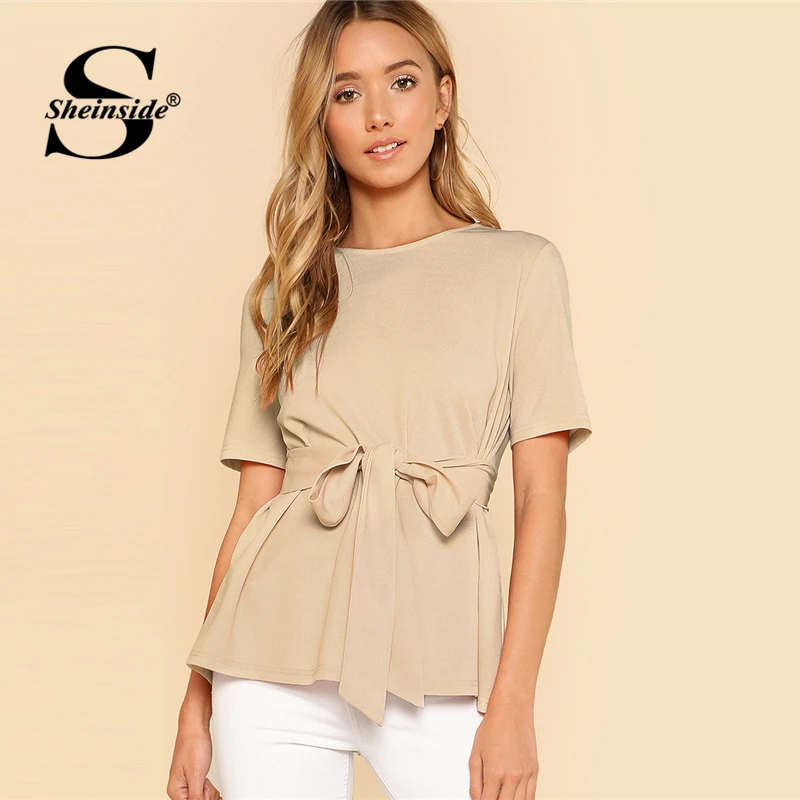 Sheinside, с поясом, с замочной скважиной сзади, блузка, одноцветная, короткий рукав, топ, лето, для женщин, для офиса, для девушек, для работы, Элегантная блузка