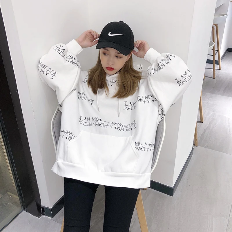 Ulzzang, зима, новая мода, большой размер, свободный, с буквенным принтом, хип-хоп, с капюшоном, свитер, женский, забавный, Harajuku, M-2XL, толстовка