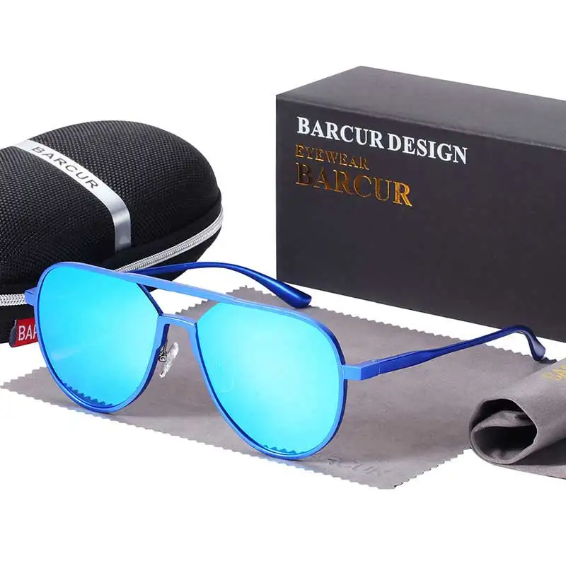 Blue Blue BARCUR, большие размеры, алюминиевые солнцезащитные очки, мужские, поляризационные, трендовые стили, солнцезащитные очки, мужские, антибликовые очки с коробкой, подарок - Цвет линз: Blue Blue
