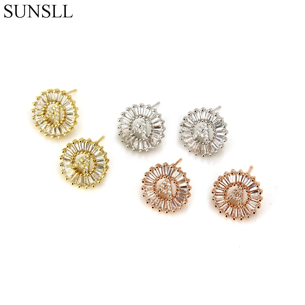 SUNSLL, три цвета, медь, прозрачный кубический цирконий, A-Z, 26 букв, круглые серьги-гвоздики, женские вечерние, модные ювелирные изделия, Cobre CZ Brincos