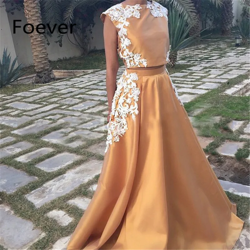 

Two Pieces Prom Dresses Gold 2019 Middle East Saudi Arabia Long white Lace Appliques Dubai Evening Party Gowns Vestidos Longo