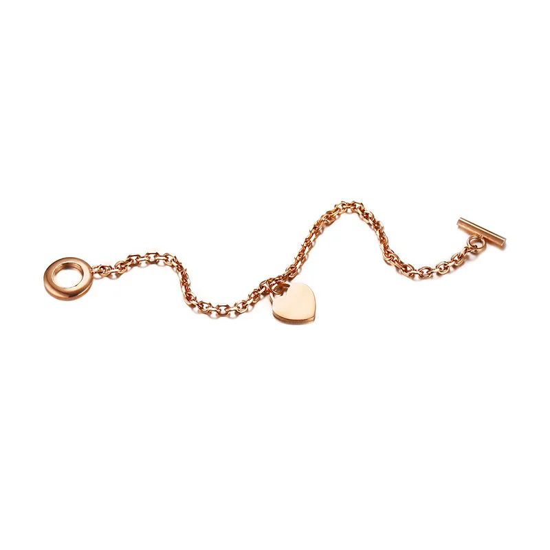 Stylish Rose Gold Tone Women's Heart Tag Charm Toggle Bracelet Personalised Stainless Steel Trendy Woman Jewelry | Украшения и