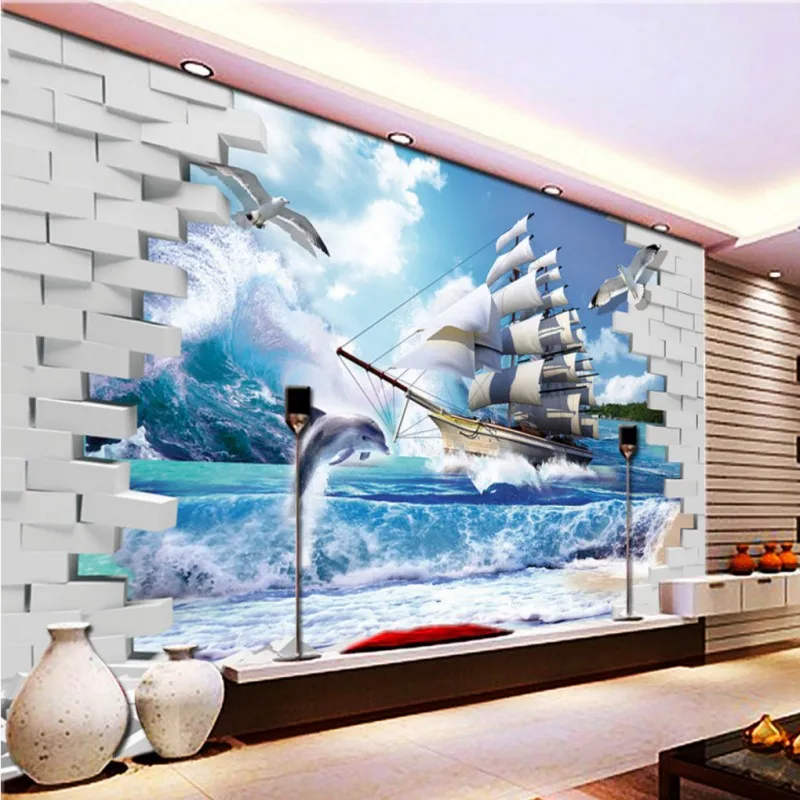

photo wallpaper 3D sailing dolphin sea view wall backdrop decorative painting mural wallpaper custom lobby wallpaper