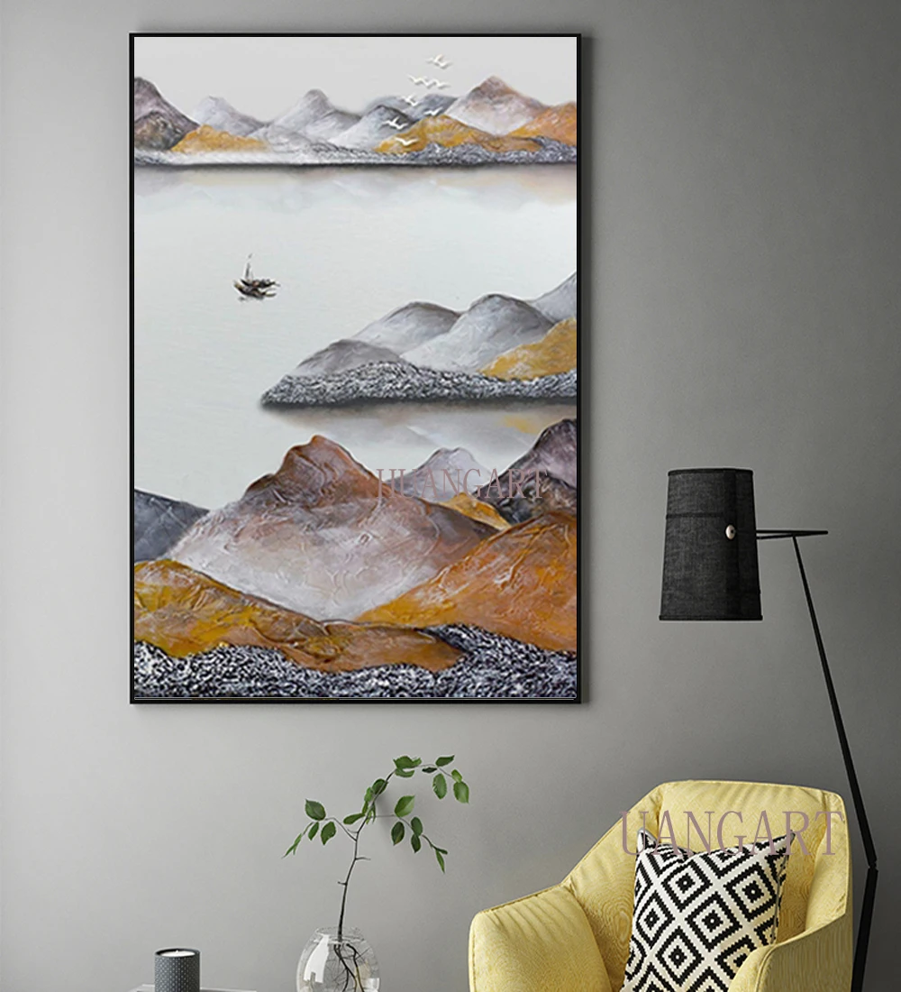 Hand Painted Abstract Gold Yellow Mountain Colourful oil Painting On Canvas Wall Art Adornment Pictures For Living Room | Дом и сад