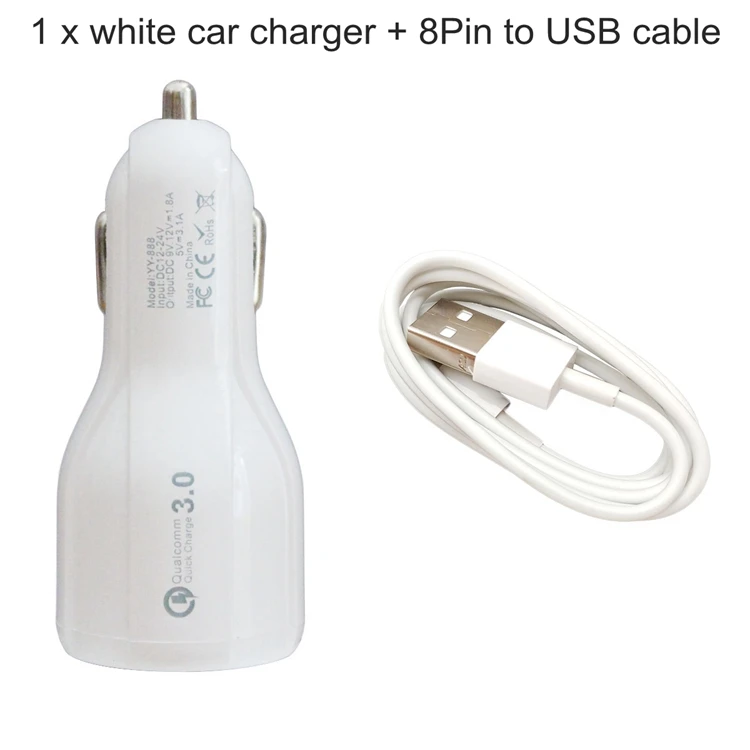 Автомобильное зарядное устройство DIYKIT Quick Charge 3,0 для мобильного телефона, автомобильное зарядное устройство с двумя Usb 3,0, адаптер для быстрой зарядки, автомобильное зарядное устройство Mini Usb - Название цвета: white and 8Pin cable