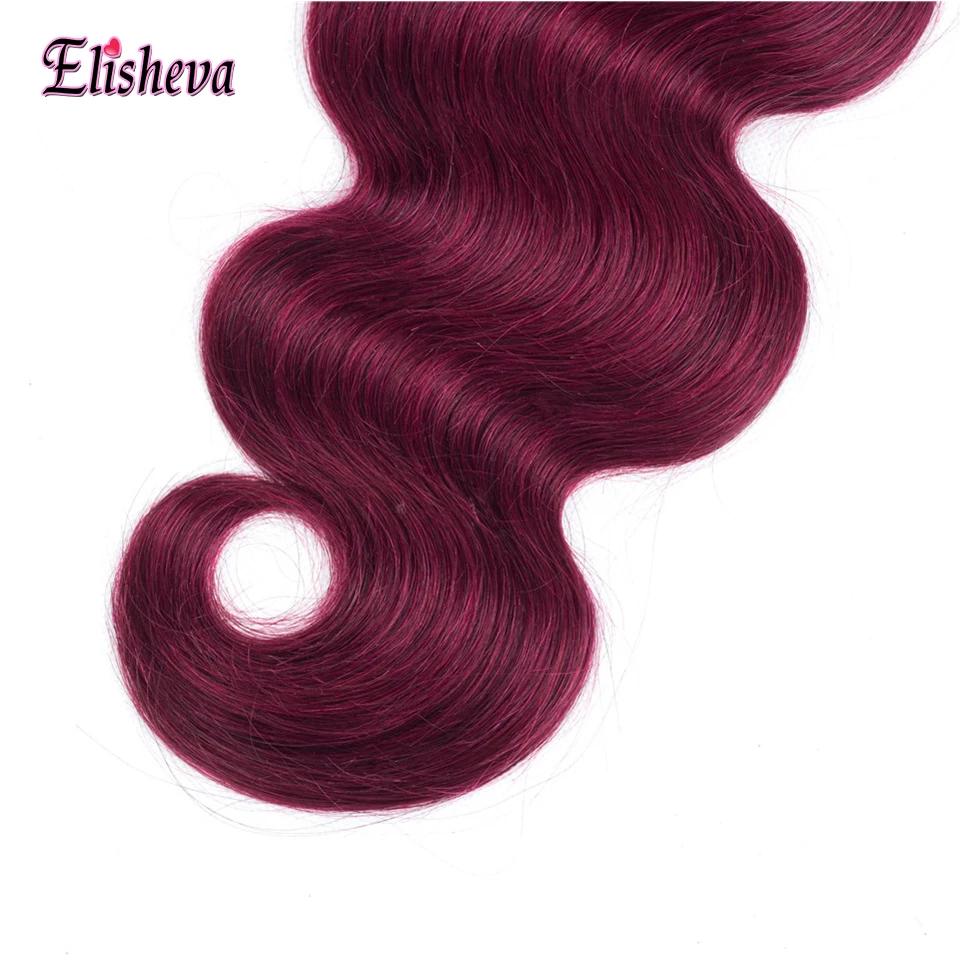 Elisheva темные корни Ombre красный человеческих волос Связки с кружевом Закрытие 1B/Бурганды Бразильский объемная волна Ombre Связки с застежка