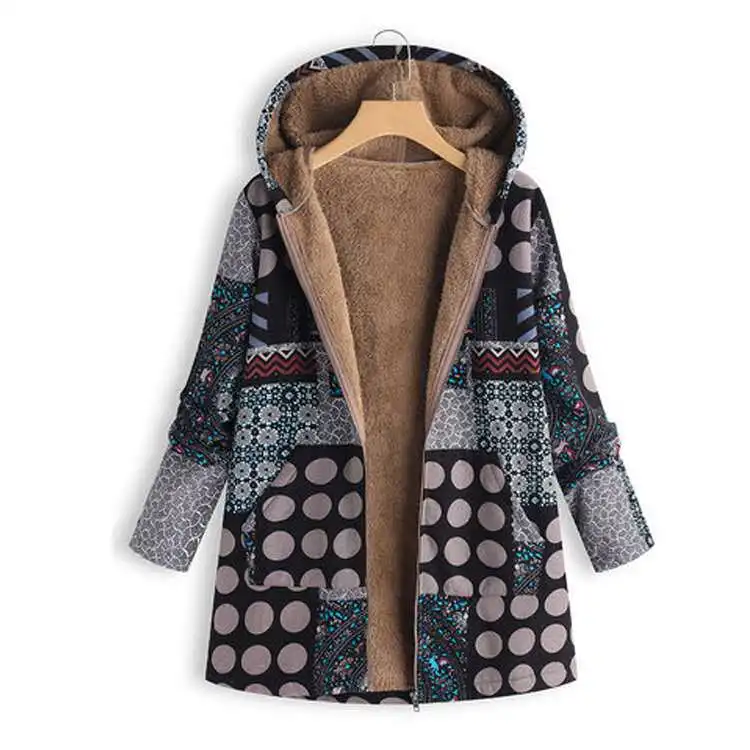 Printing plus velvet padded cotton splicing fashion loose casual woman coats winter 2018 Hooded Wool Blends | Женская одежда