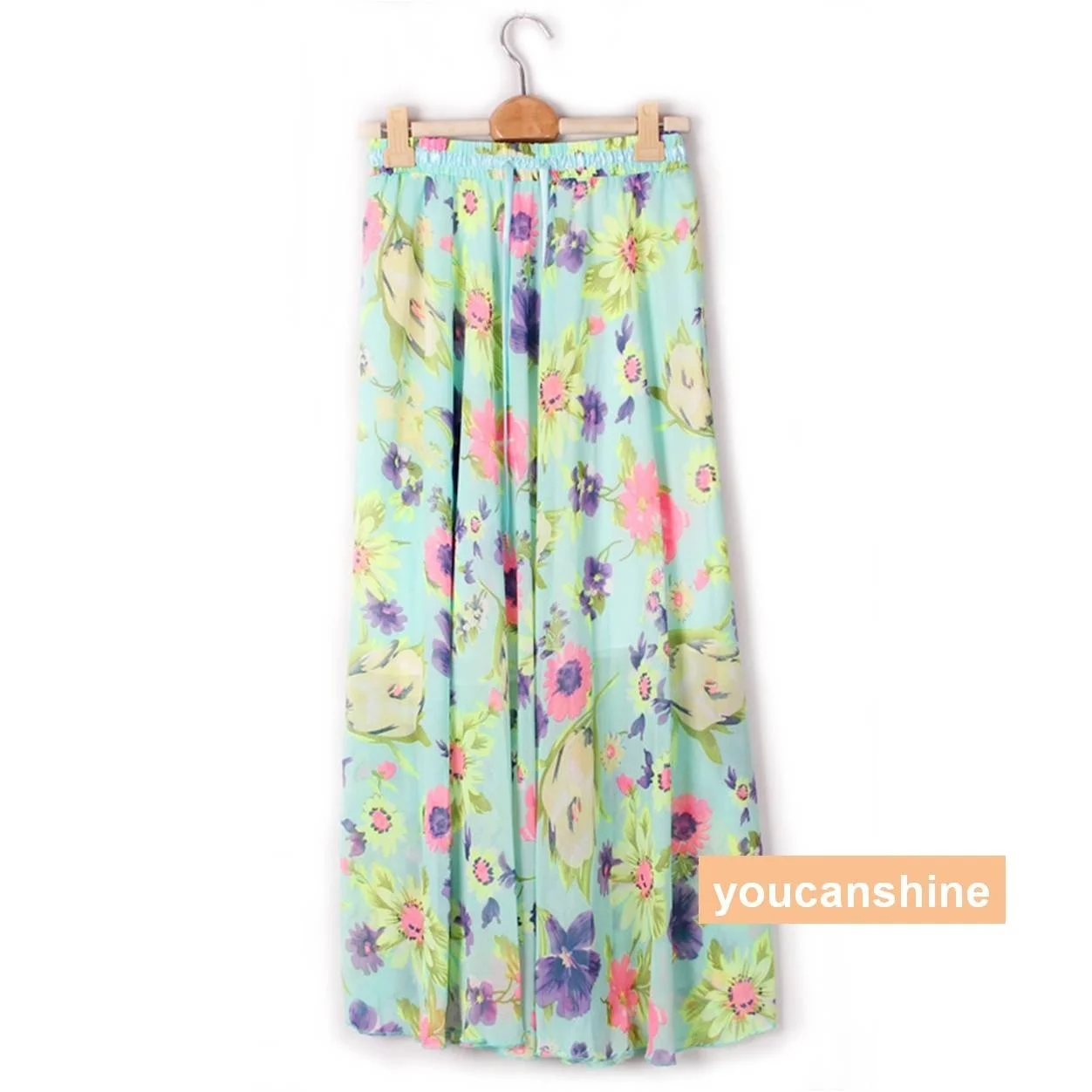 Womens Pleated Boho Bohemia Beach Flower 2 Layer Elastic Waist Long Skirt New | Женская одежда