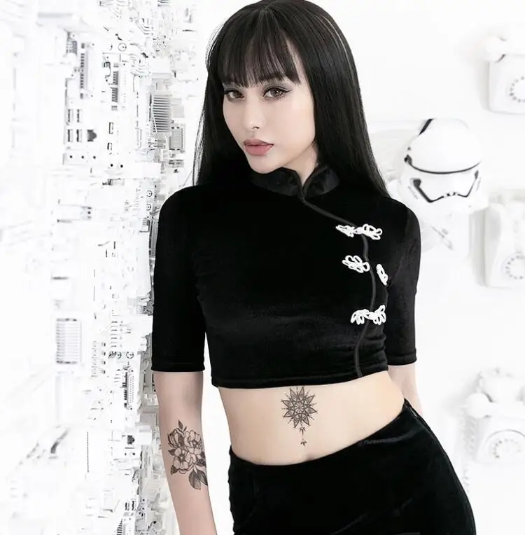 Укороченный топ в стиле ретро со стоячим воротником Модная футболка|Футболки| |