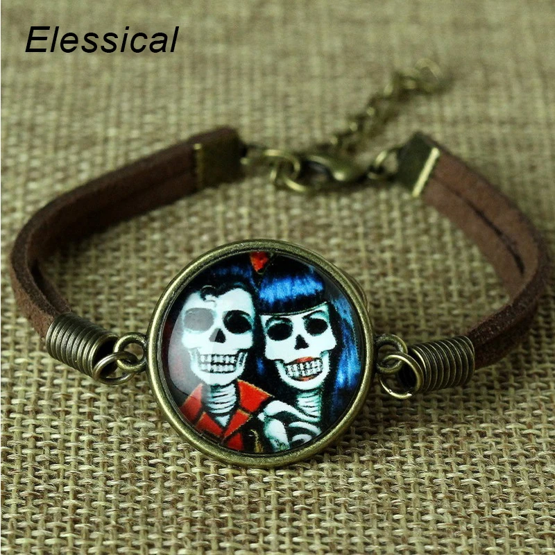 Elessical Хэллоуин изделия ручной работы кожаный браслет череп Стекло кабошон в